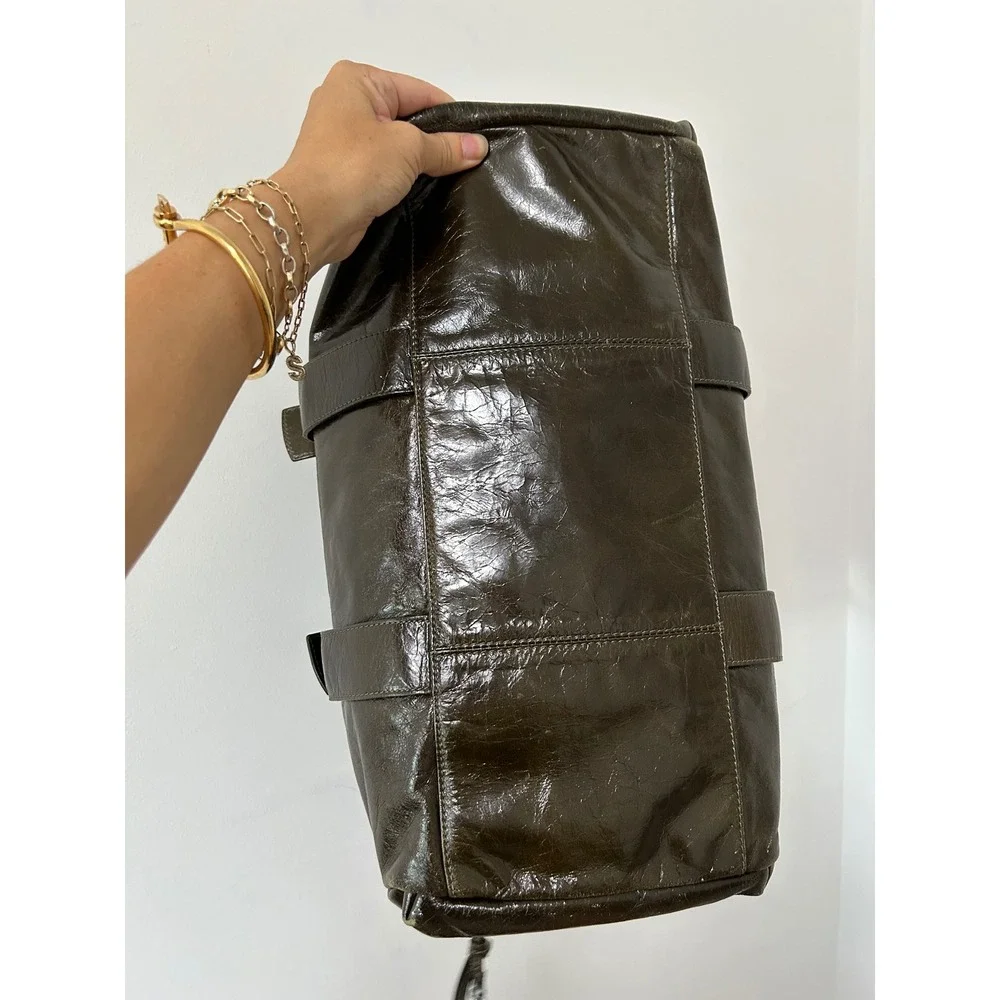 Y2K Francesco Biasia Distressed Leather Satchel Bag Olive Green Grunge